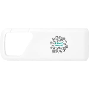 A white Bluetooth speaker with a rectangular shape and a logo featuring various technology icons.