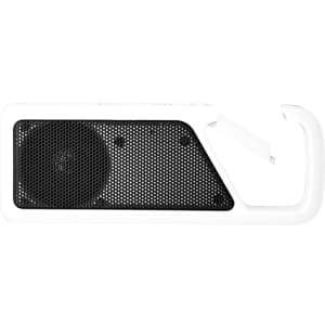 A white Bluetooth speaker with a mesh grille and a handle, featuring a sleek, modern design.