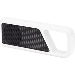 A white Bluetooth speaker featuring a black mesh speaker grille and a handle for portability.