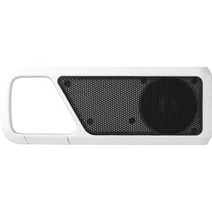 A white Bluetooth speaker with a black mesh grille and a cylindrical speaker, featuring a logo.