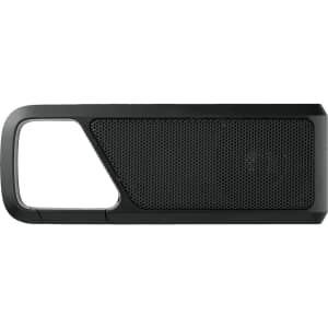 A black Bluetooth speaker with a sleek design and mesh speaker grille, featuring a logo.