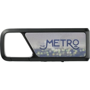 A black Bluetooth speaker featuring a mesh speaker grille and branding.