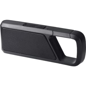 A black Bluetooth speaker with a textured speaker grille and a handle for easy carrying. It has a logo on its side.