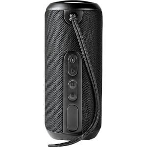 A black, rugged fabric waterproof Bluetooth speaker with buttons and a strap for easy carrying.
