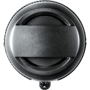 A waterproof Bluetooth speaker in black with a textured surface and a rugged design, featuring a logo.