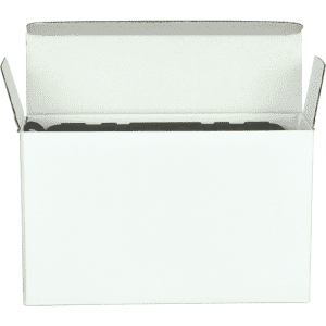 A white cardboard box with flaps open, revealing the inner compartment, but no specific contents visible.