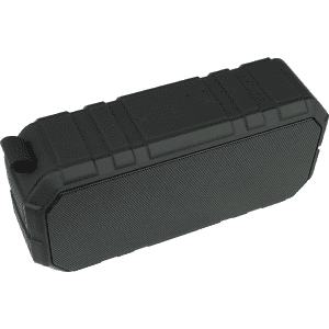 A black waterproof Bluetooth speaker with a rugged exterior, featuring control buttons on the top and a logo.
