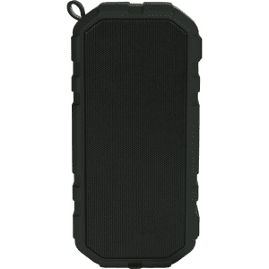 A black waterproof Bluetooth speaker with a rugged design and a logo on the front.
