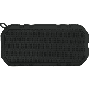 A rectangular black waterproof Bluetooth speaker with a textured surface and rugged edges, featuring a small attachment loop.