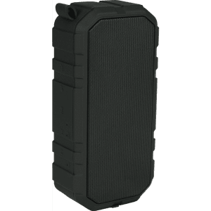 A rugged black outdoor waterproof Bluetooth speaker with a textured surface and a logo on the side.