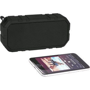 A black outdoor waterproof Bluetooth speaker next to a smartphone, featuring a textured surface and a sturdy design.