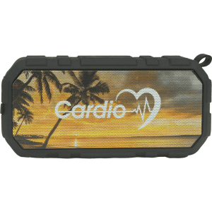 A black outdoor waterproof Bluetooth speaker featuring a sunset and palm tree design, with a logo on the front.