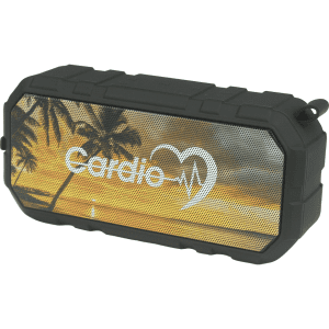 A black waterproof Bluetooth speaker with a tropical sunset design and a logo on the front.