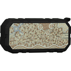 A rugged black Bluetooth speaker with a patterned surface featuring earthy tones and a logo on the side.