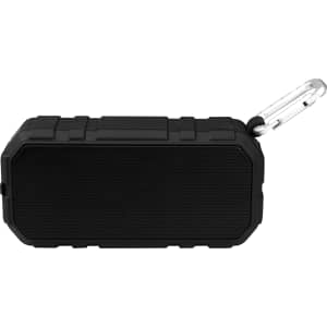 A black outdoor waterproof Bluetooth speaker with a rugged design and a carabiner for easy attachment.