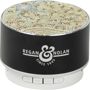 A round, patterned Bluetooth speaker in black and silver featuring a branding logo on the front.