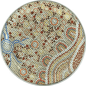 A circular decorative item featuring a complex dot painting design in earthy tones of red, brown, and cream, with blue accents.
