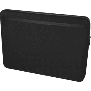 A black recycled laptop sleeve featuring a zippered pocket and a minimalist design, suitable for 15.6" laptops.