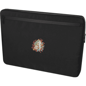 A black laptop sleeve with a zip closure and a colourful logo on the front. Suitable for 15.6-inch laptops.