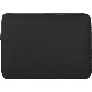 A black recycled laptop sleeve with a zipper closure and a logo on the side. Suitable for a 15.6" laptop.