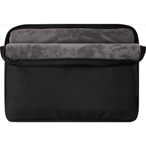 A black 15.6" laptop sleeve with a soft grey interior lining and a zip closure, featuring a logo.