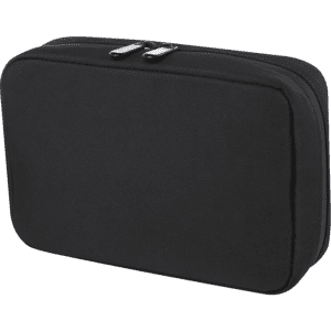 A black organiser pouch with a zip closure and a logo, featuring a rectangular shape and soft fabric.