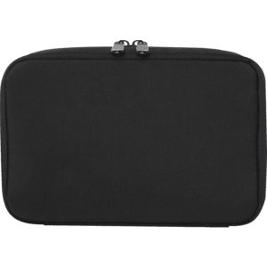 A black organiser pouch featuring a zip closure and a logo, designed for miscellaneous items.