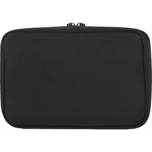 A black recycled organiser pouch with a zip closure and a simple, sleek design. It has a branding logo.