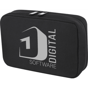 A black organiser pouch with a logo on the front, featuring a zip closure and sleek design.