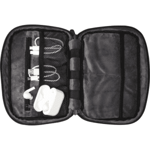 A grey organiser pouch containing charging cables and earbuds, featuring a logo on the exterior.