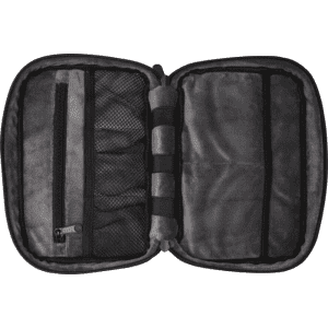 A grey recycled organiser pouch with multiple compartments and a mesh pocket, featuring a branding logo.