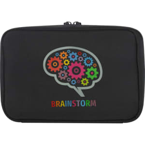A black organiser pouch featuring a colourful brain graphic composed of gears, with a logo printed below.