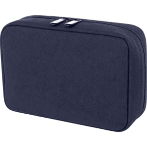 A navy organiser pouch with a zip closure and a simple design, featuring a logo on the front.