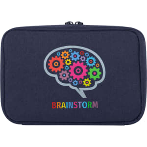 A navy organiser pouch featuring a brain design with colourful gears and a logo at the bottom.