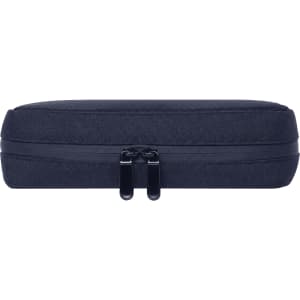 A dark blue organiser pouch with a zip closure, featuring a sleek, rectangular design and a branding logo.