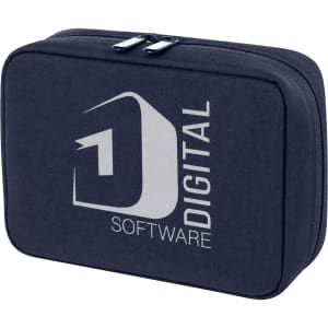 A navy organiser pouch with a zip closure and a logo on the front. The pouch has a rectangular shape.