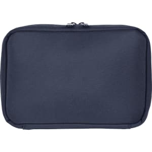 A navy organiser pouch with a zip closure, featuring a plain surface and a logo.