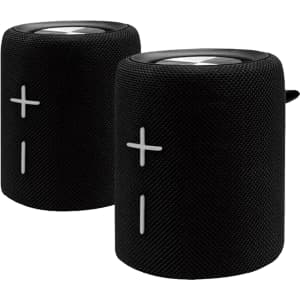 Two black breakaway Bluetooth speakers with textured surfaces and control buttons on the side.