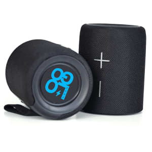 A black Bluetooth speaker with a textured finish and a logo on the base. Features control buttons on the side.
