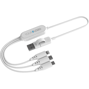 A white fast charging multi cable with three connectors, featuring a logo on the main unit.