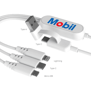 A white multi charging cable with Type-A, Type-C, Lightning, and Micro USB connectors, featuring a logo.