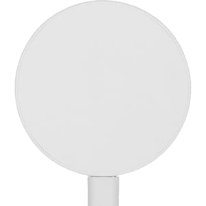 A round, white magnetic wireless charger with a sleek design and a built-in stand.