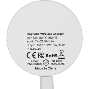 A round white magnetic wireless charger with an attached cable and a logo, featuring various certification marks.