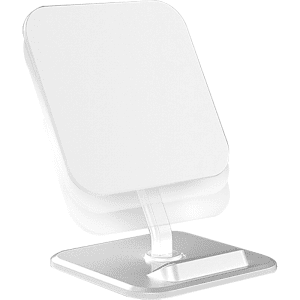 A white wireless charger and stand with a sleek design, featuring a logo on the front and a clear supporting arm.
