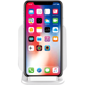 A wireless charger and stand in white with a smartphone displayed, featuring a variety of app icons on the screen.