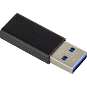 A black USB C adapter with a metallic connector, featuring a logo on the side.