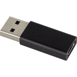 A black USB C adapter with a silver USB connector, designed for travel and technology use.