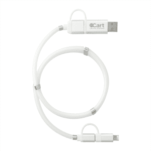 A white 5-in-1 charging cable with a magnetic wrap and a logo, featuring multiple connector types.