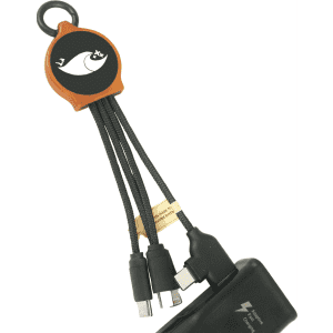 A charging cable with three RPET connectors (USB, Micro-USB, and Lightning) and a brown loop attachment.