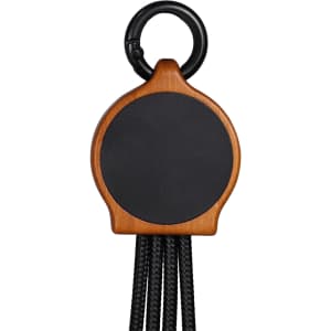 A bamboo charging device featuring black RPET cables and a circular wooden base with a hanging loop.